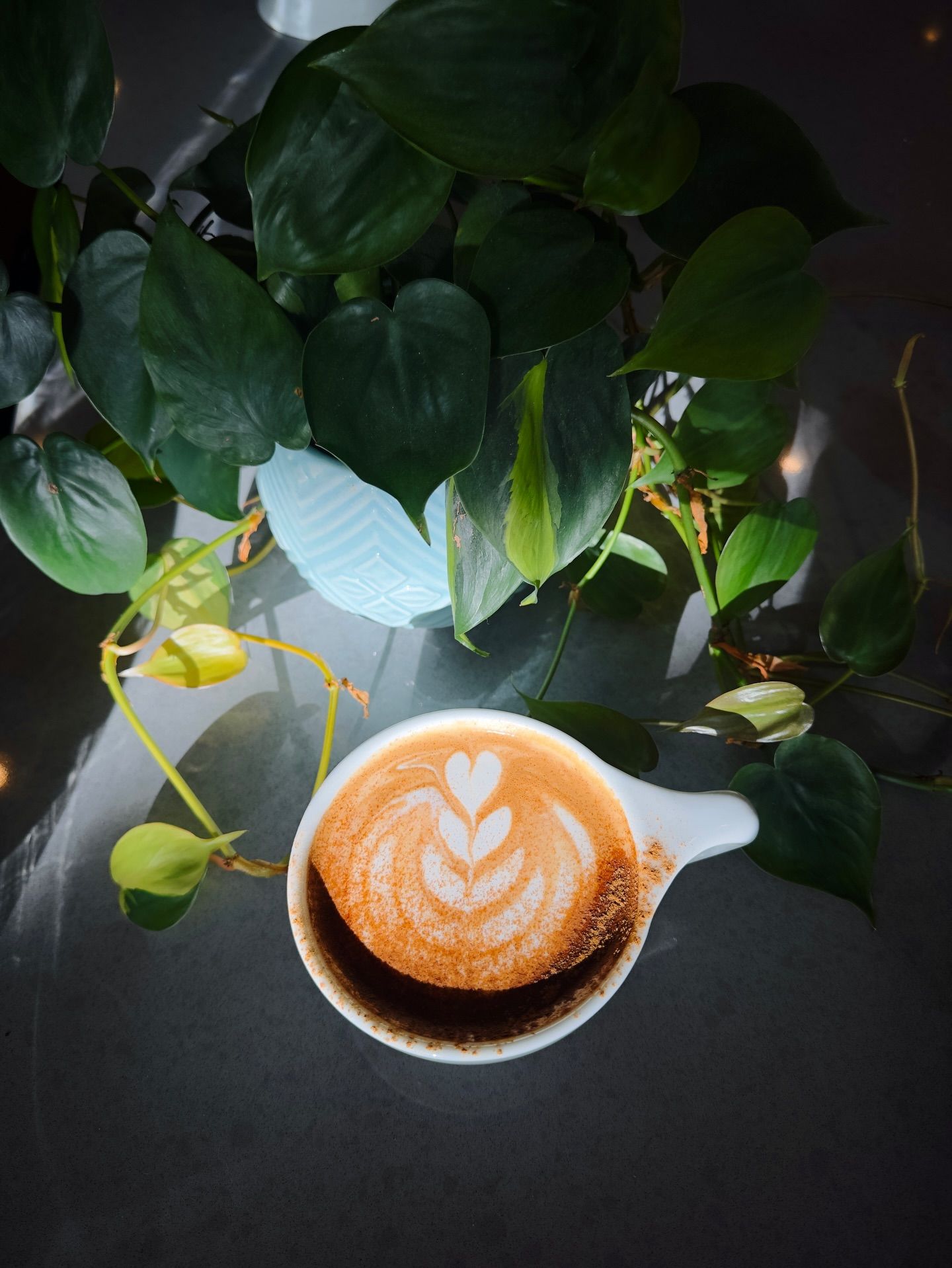 Hot coffee drink by a plant